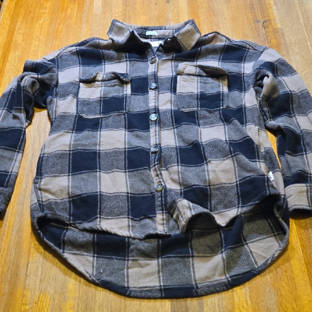 Hollister Women Medium Black Tan Boyfriend Fit Plaid Button Down Pocket Shirt